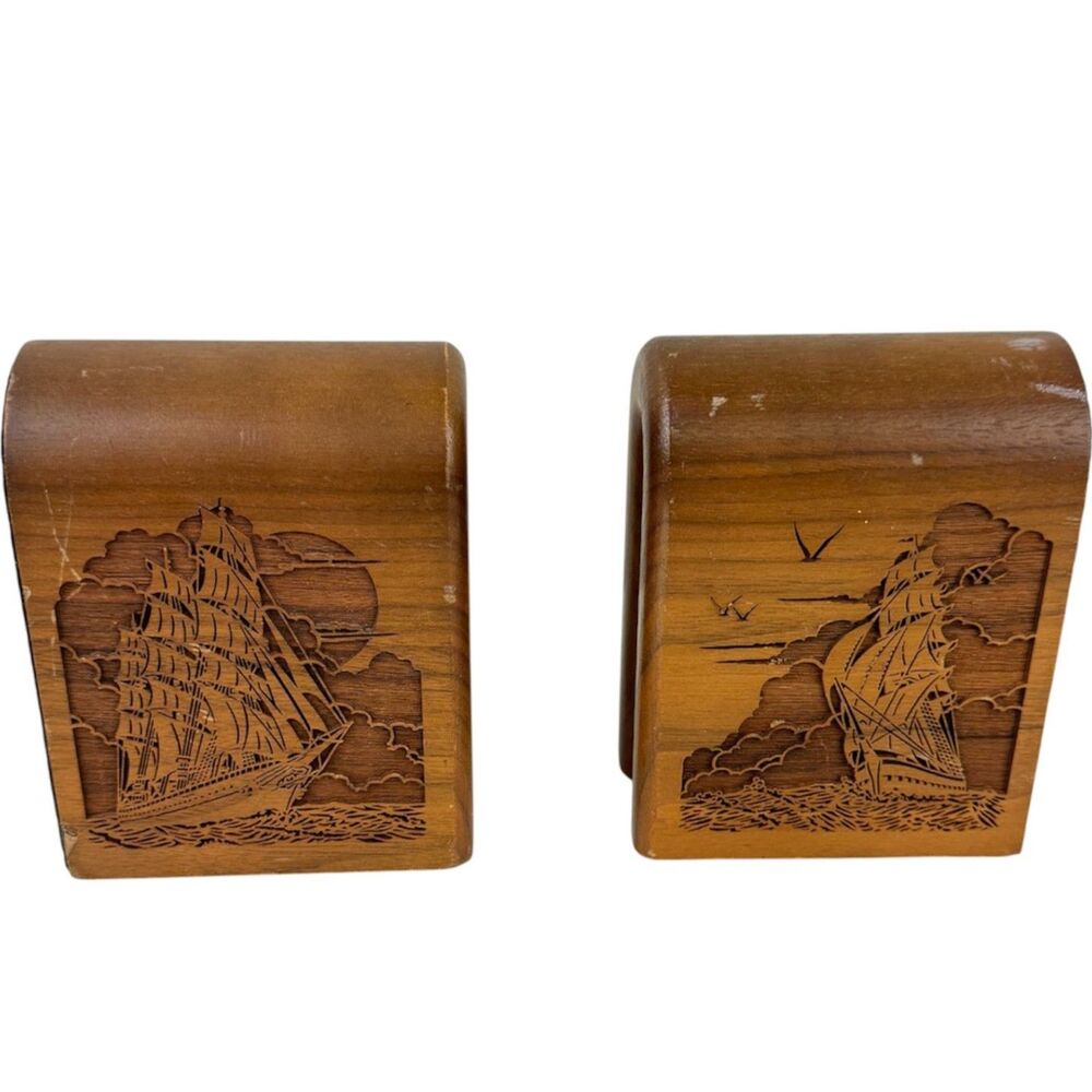 Vintage Lasercraft Arched Walnut Wood Engraved Sailing Ships Bookends Nautical